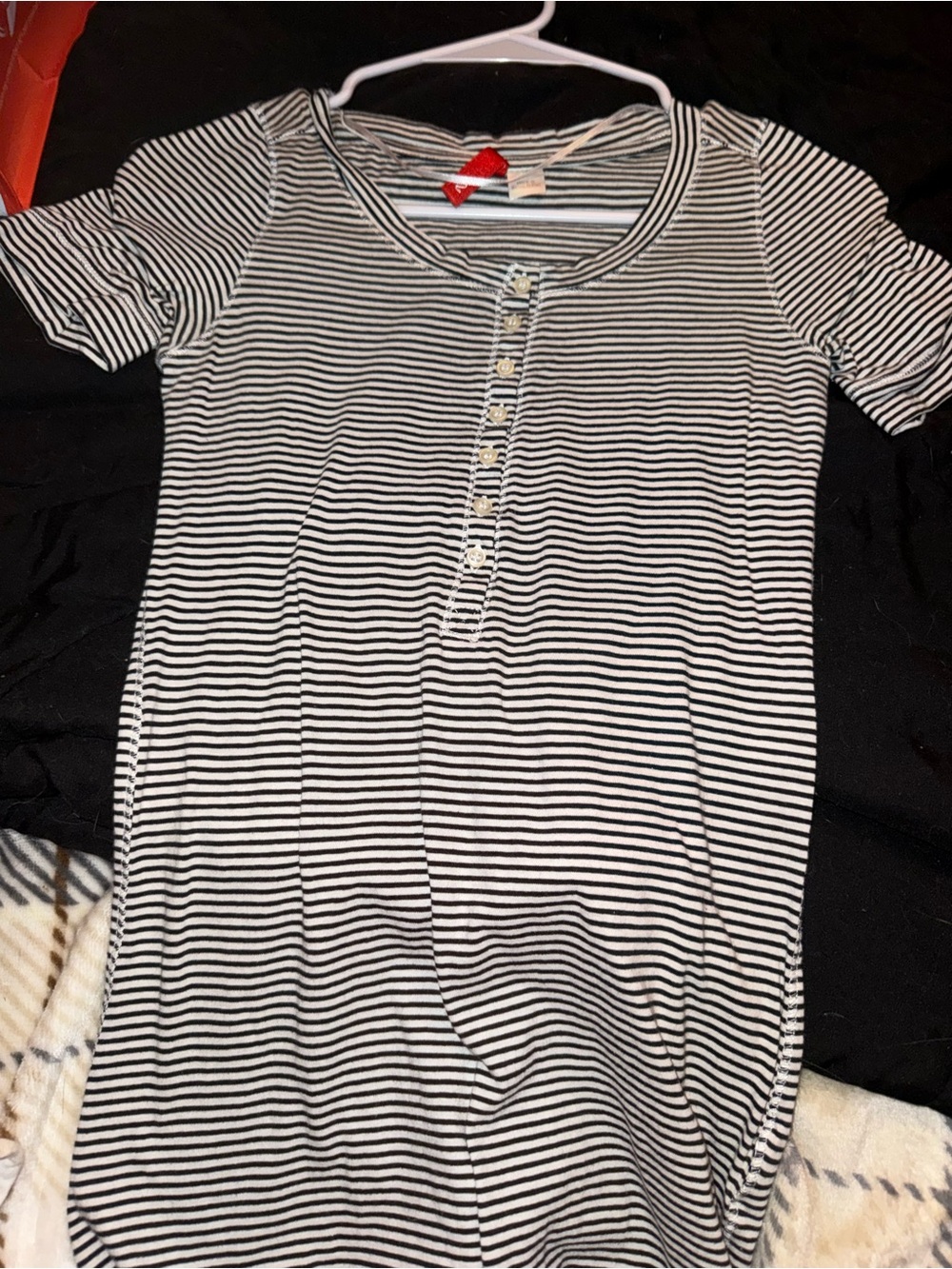 Divided Black and White Striped Short Sleeve Henley Tee